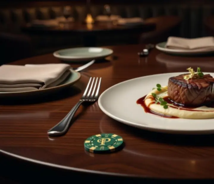Gurmánske fine dining jedlo podávané v luxusnej pokerovej reštaurácii