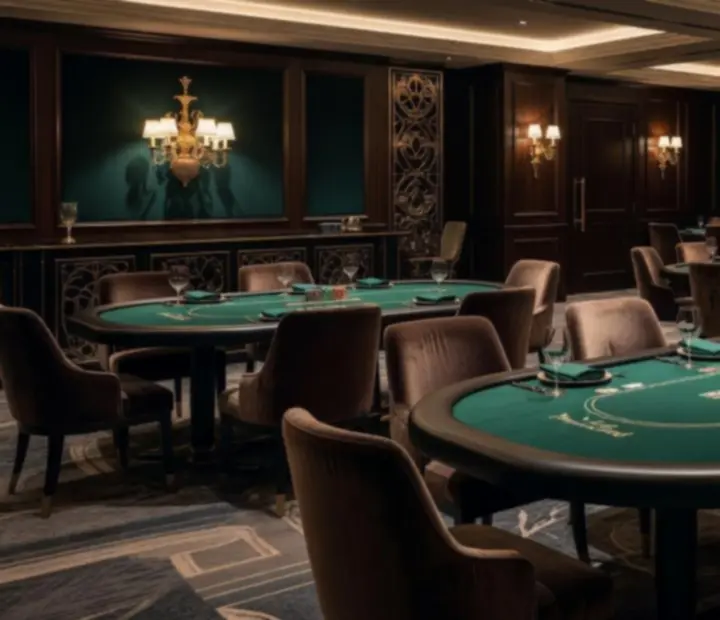 Cinematic interiér luxusnej pokerovej reštaurácie s tmavozelenými tónmi a elegantnými stolmi