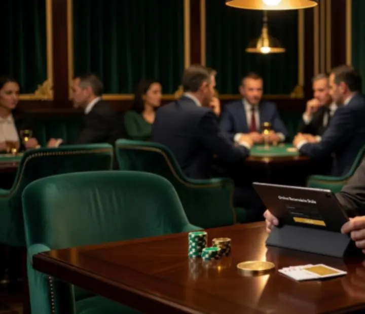 Elegantná sála Tavolixa s hosťami pri pokerových stoloch a prestretých večeriach